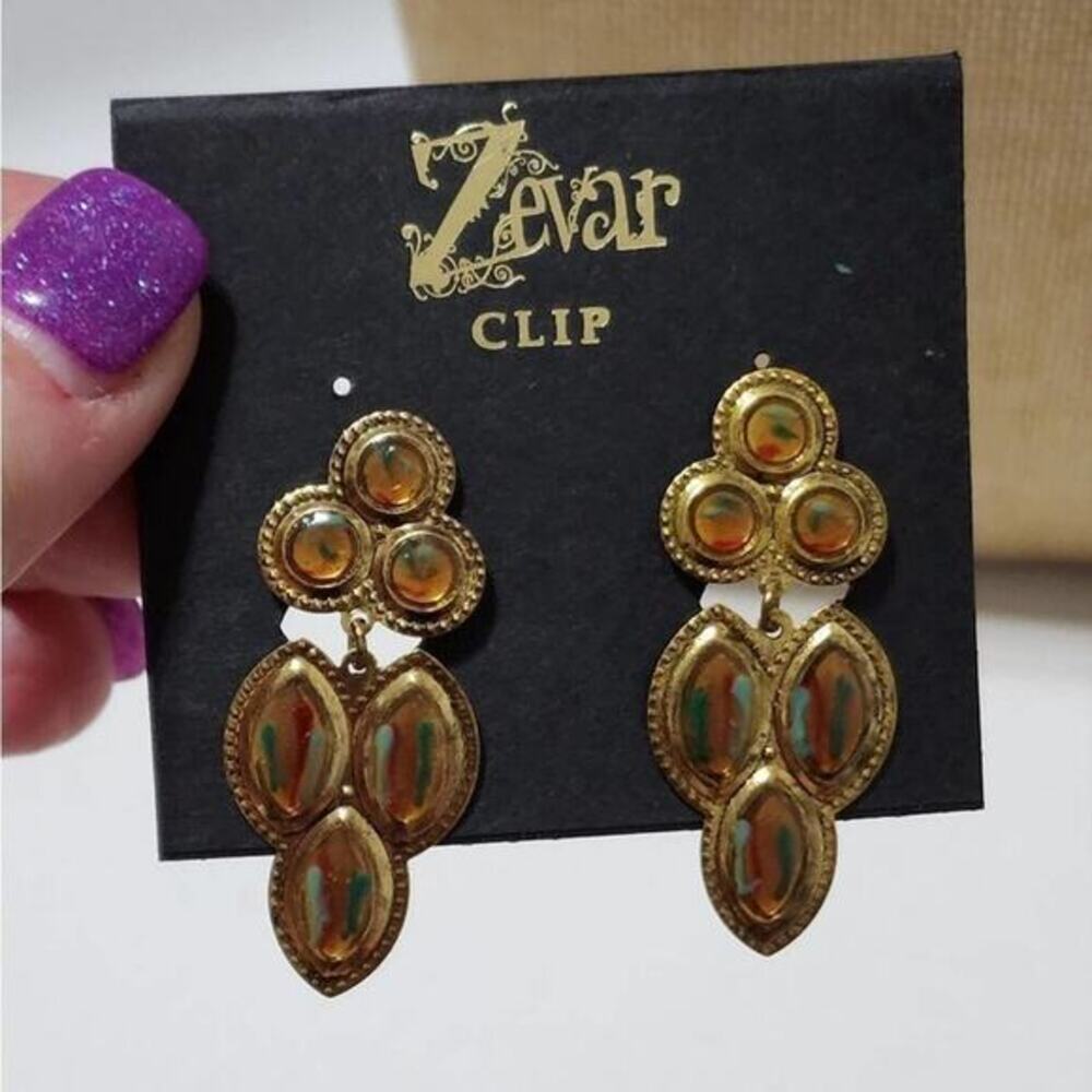 Treska Zevar Vintage Gold Clip On Drop Earrings Amber